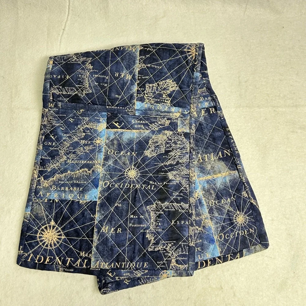 Dark Academia Vintage‎ Inspired OS Blue Gold Nautical Map Quilted Table Runner